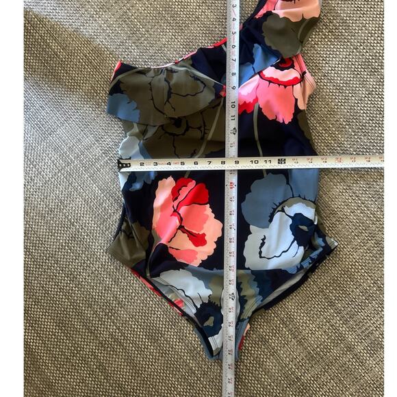 MOTHERHOOD MATERNITY One Shoulder Ruffle Floral One Piece Navy Red Swimsuit M - Picture 5 of 5